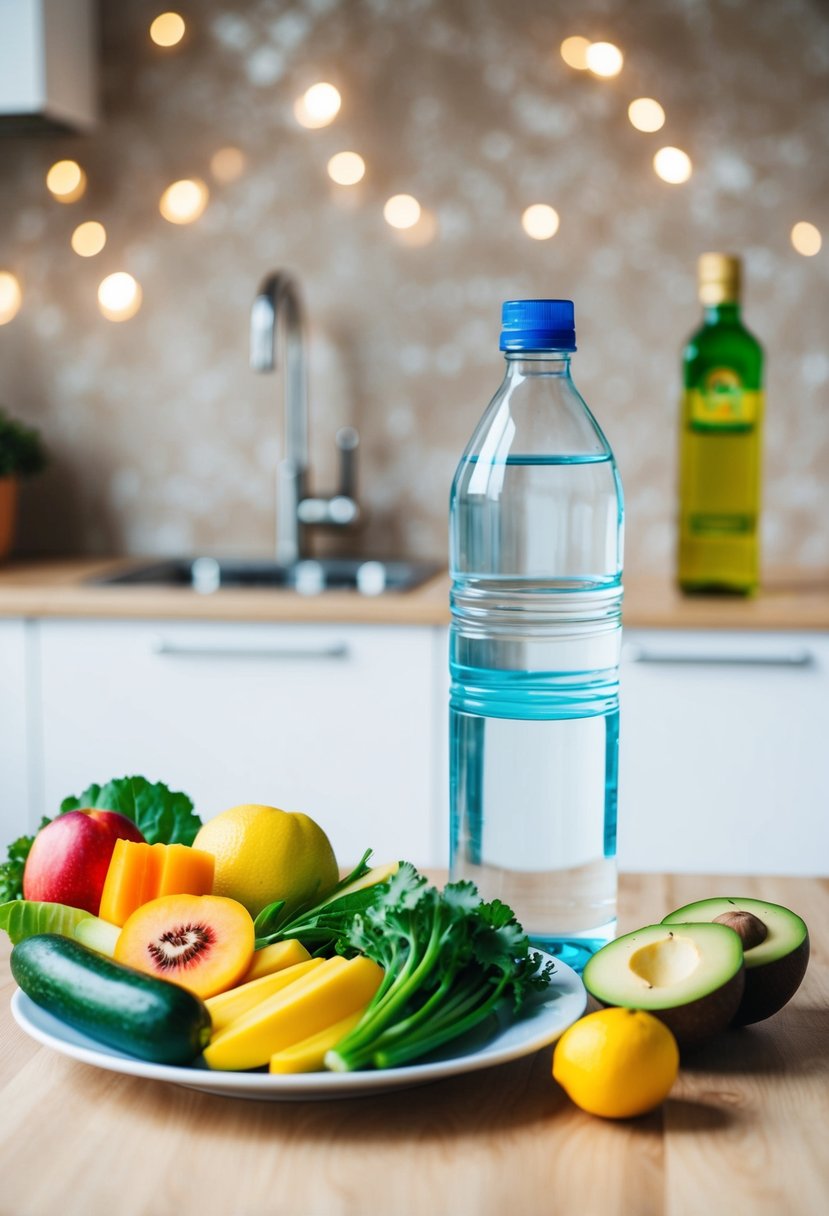 A clean, fresh plate of fruits and vegetables next to a bottle of water, with a bottle of oil in the background