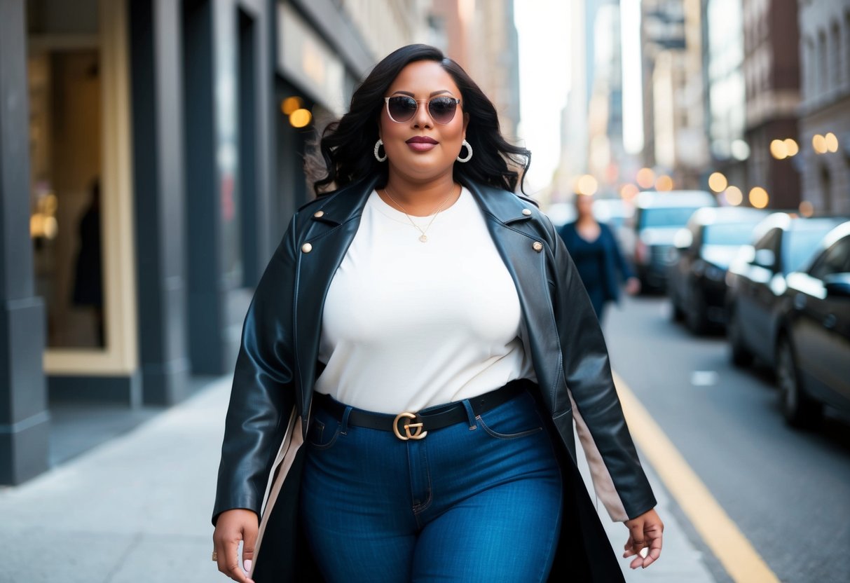 A plus size woman in a casual yet stylish outfit, walking confidently down a city street, exuding effortless chic