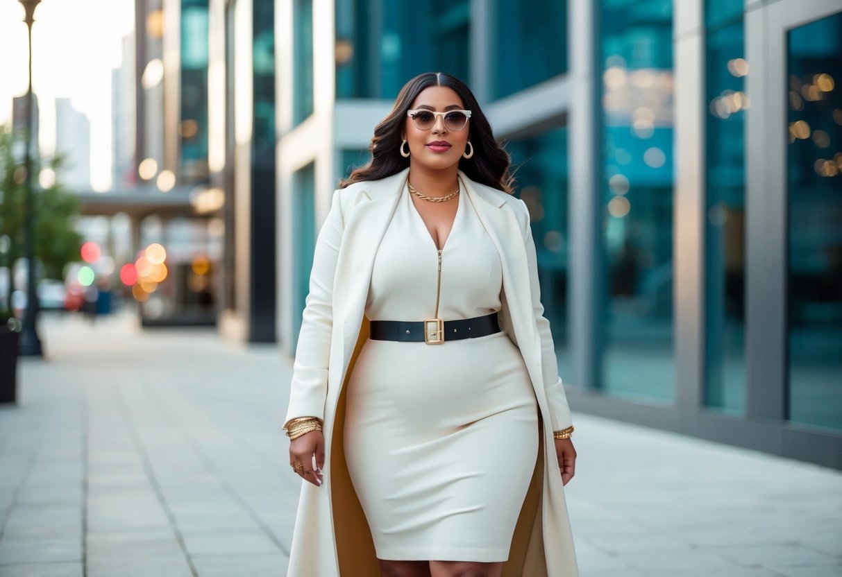 A chic plus-size outfit with modern, sleek lines and trendy accessories