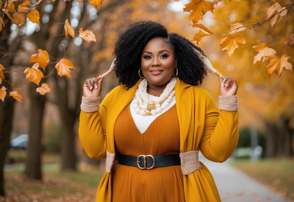 A plus-size woman in a stylish autumn outfit, surrounded by warm-toned leaves and cozy accessories