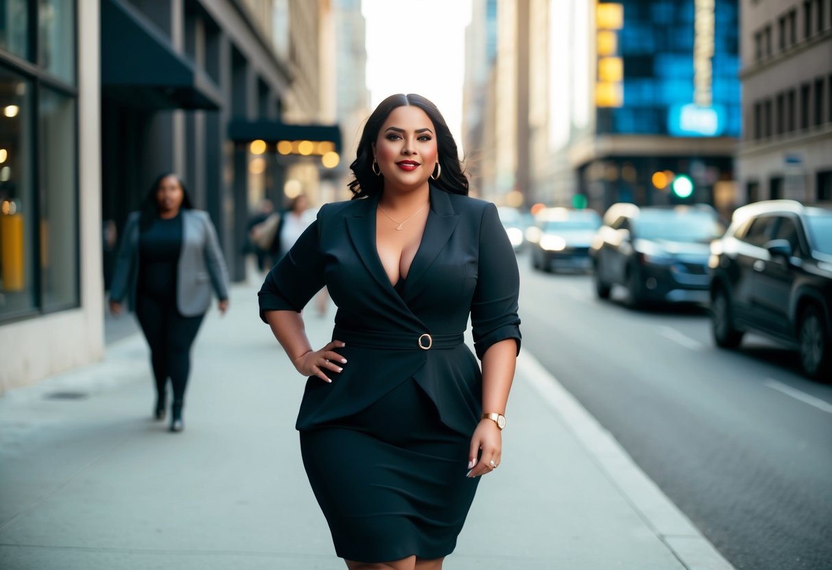 A plus size woman in a chic and effortless outfit, walking confidently down a city street in 2025