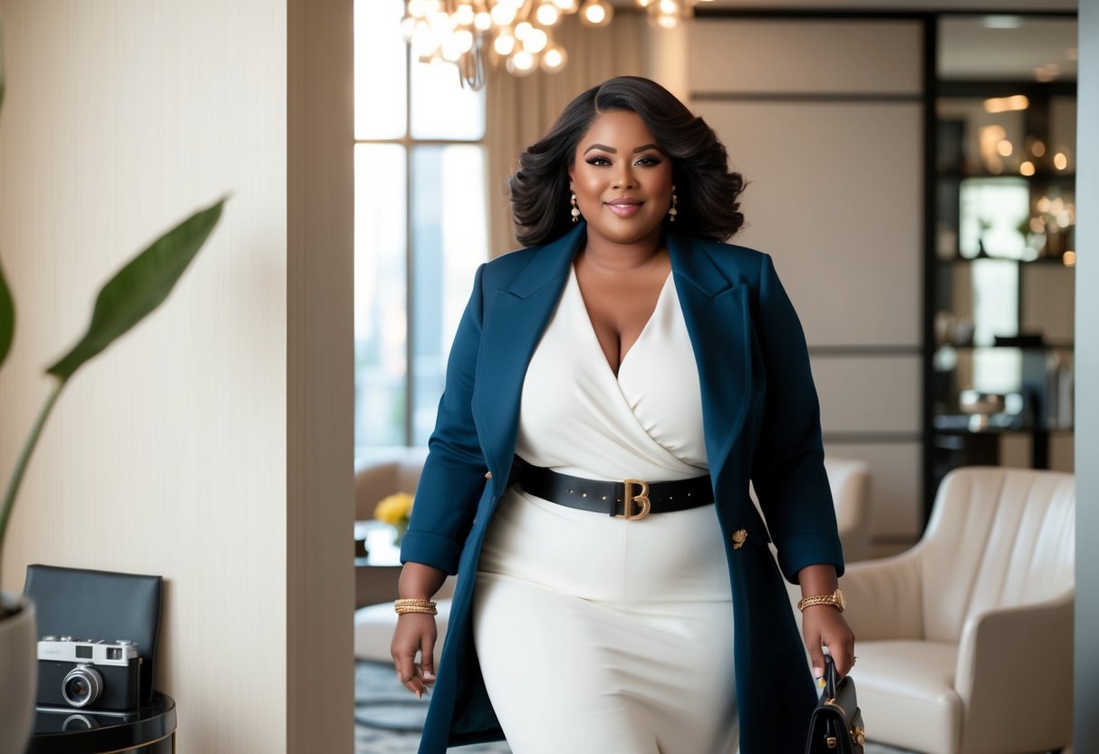 A plus-size woman in a stylish, timeless outfit, surrounded by elegant accessories and modern decor
