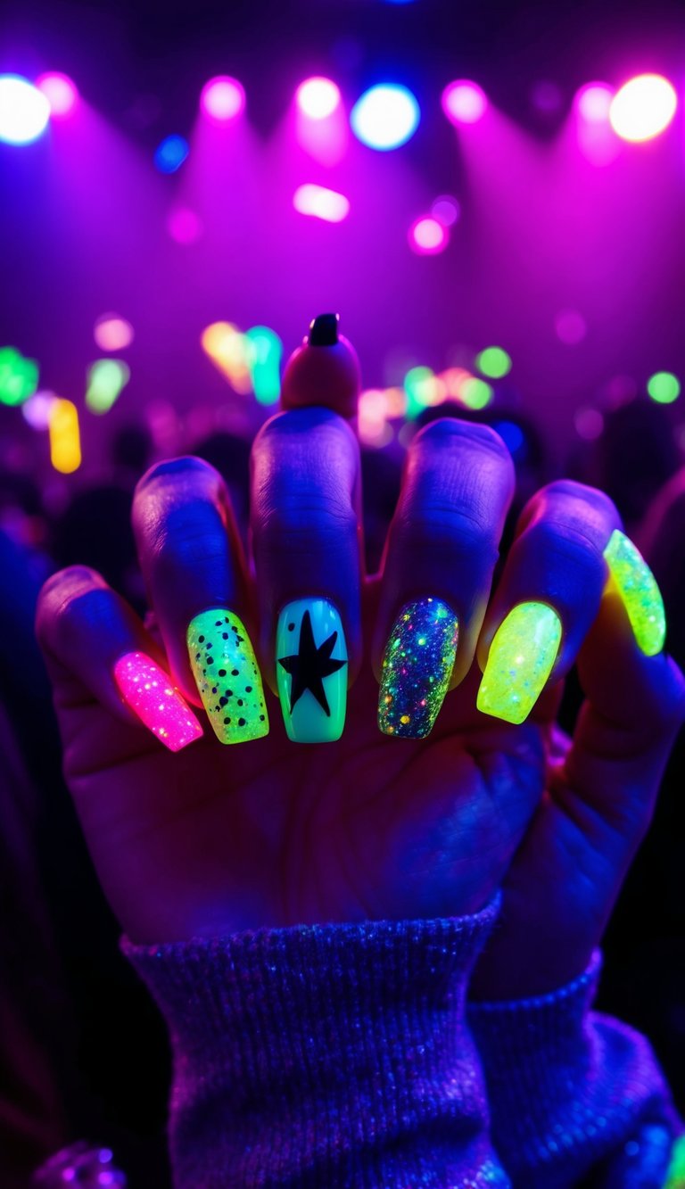 Glow-in-the-dark glitter rave nails shine under neon lights at a lively rave, showcasing seven unique designs