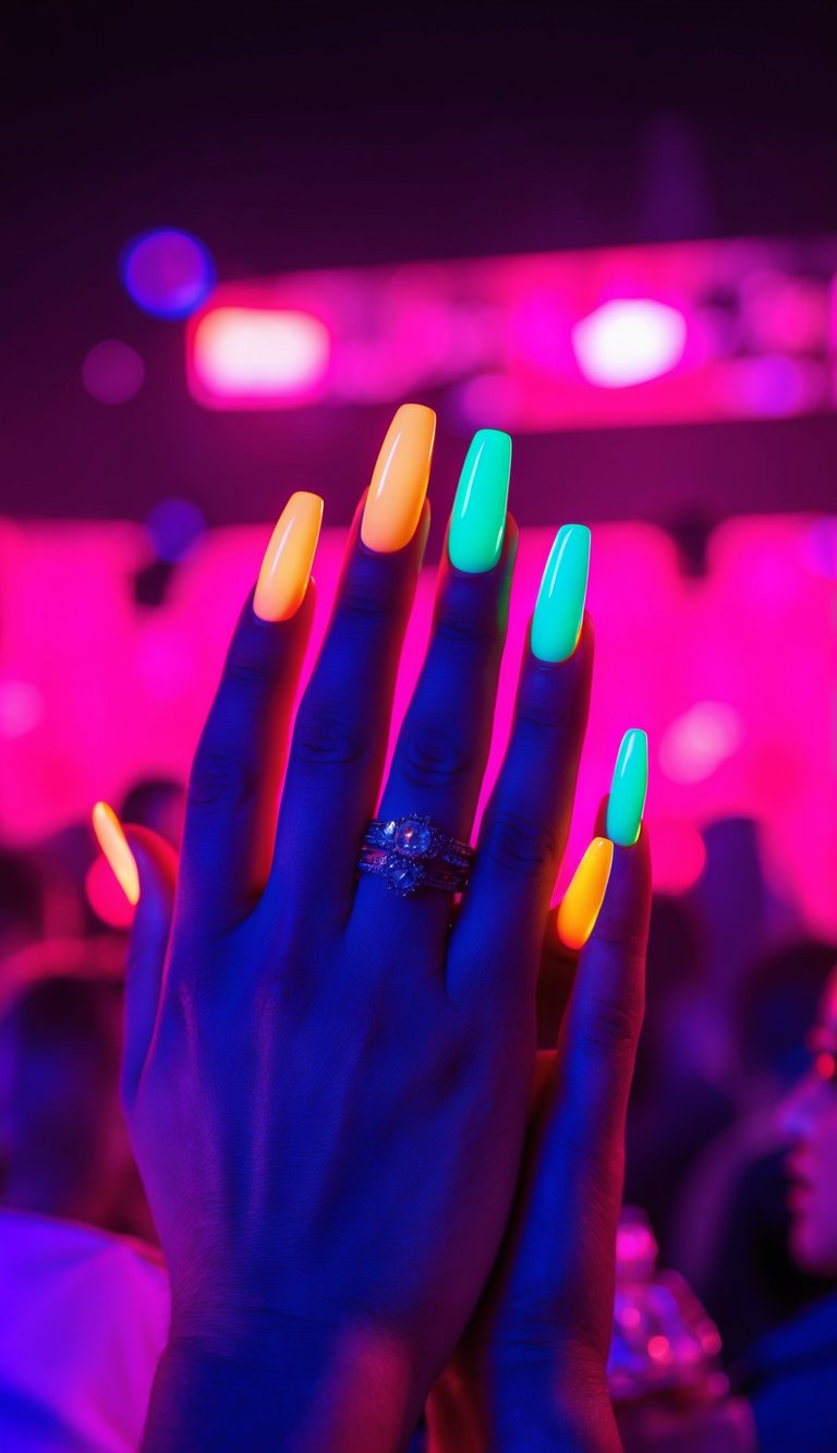 Vibrant neon ombre nails glow under blacklight at a rave